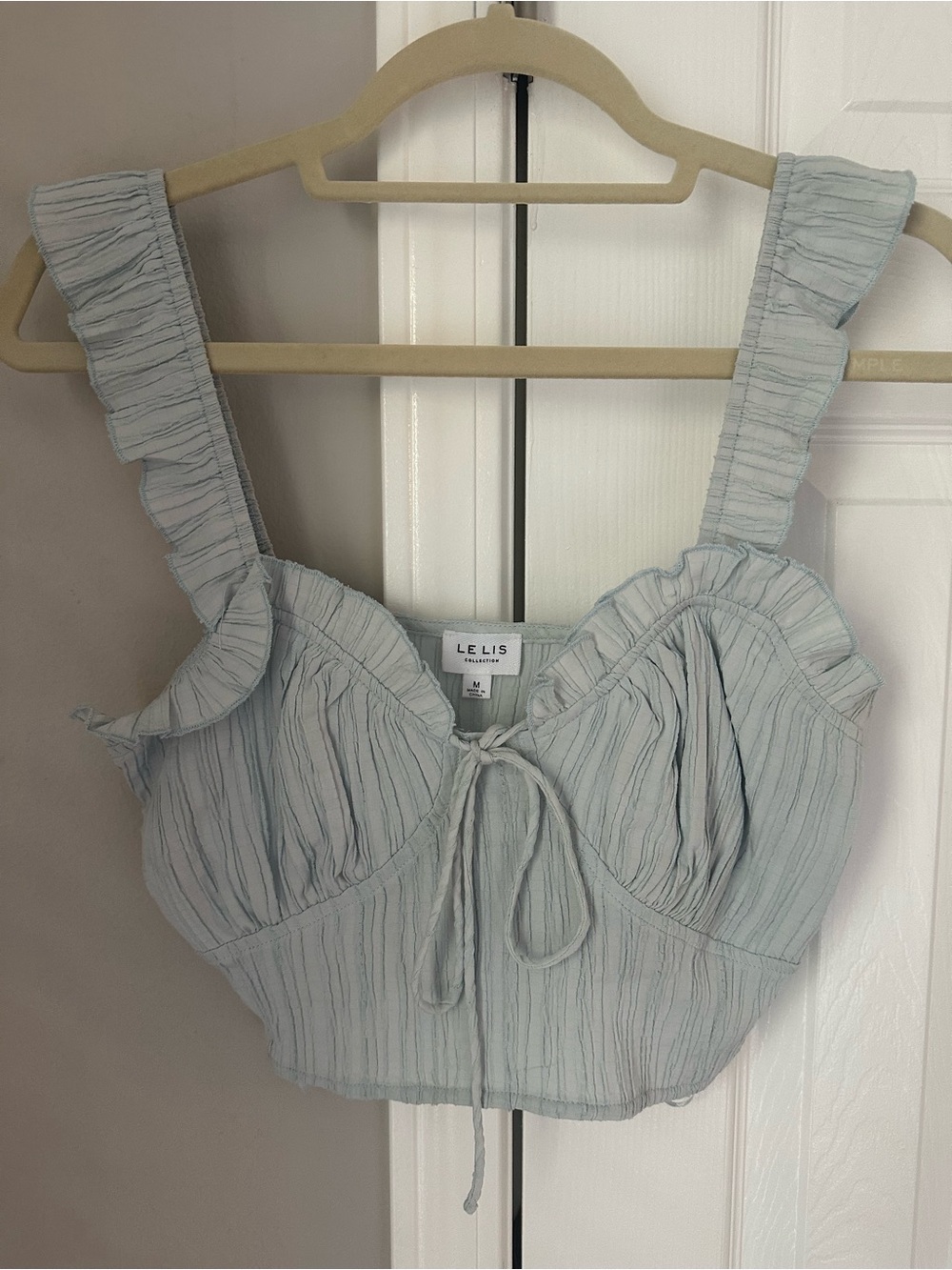 Le Lis Light Blue Ruffle Tie-Front Crop Top